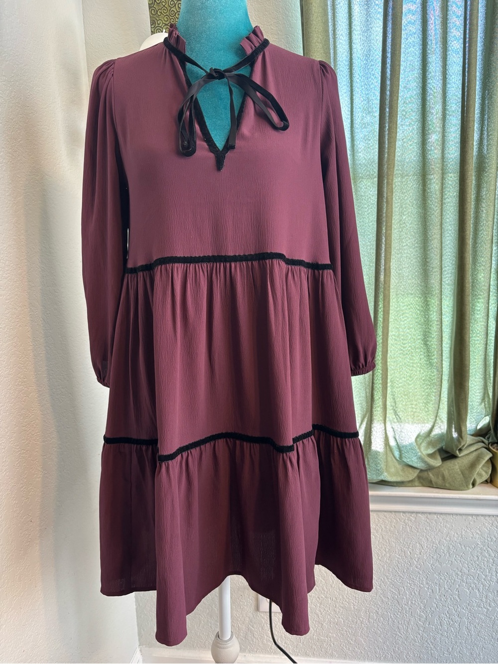 Scoop NYC plum/ burgundy Tie-Neck, Long Sleeve Dress, Whimsigoth , Ghazi ,size S
